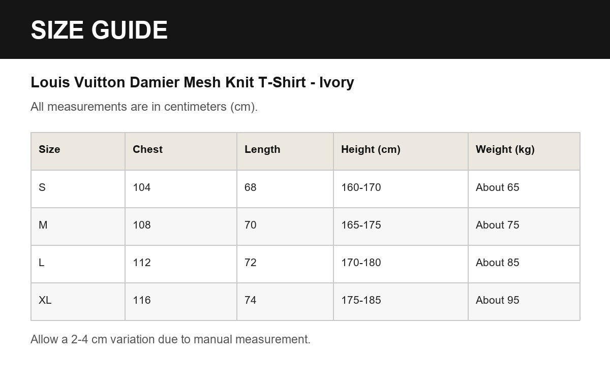 Louis Vuitton Damier Mesh Knit T-Shirt - Ivory English size guide
