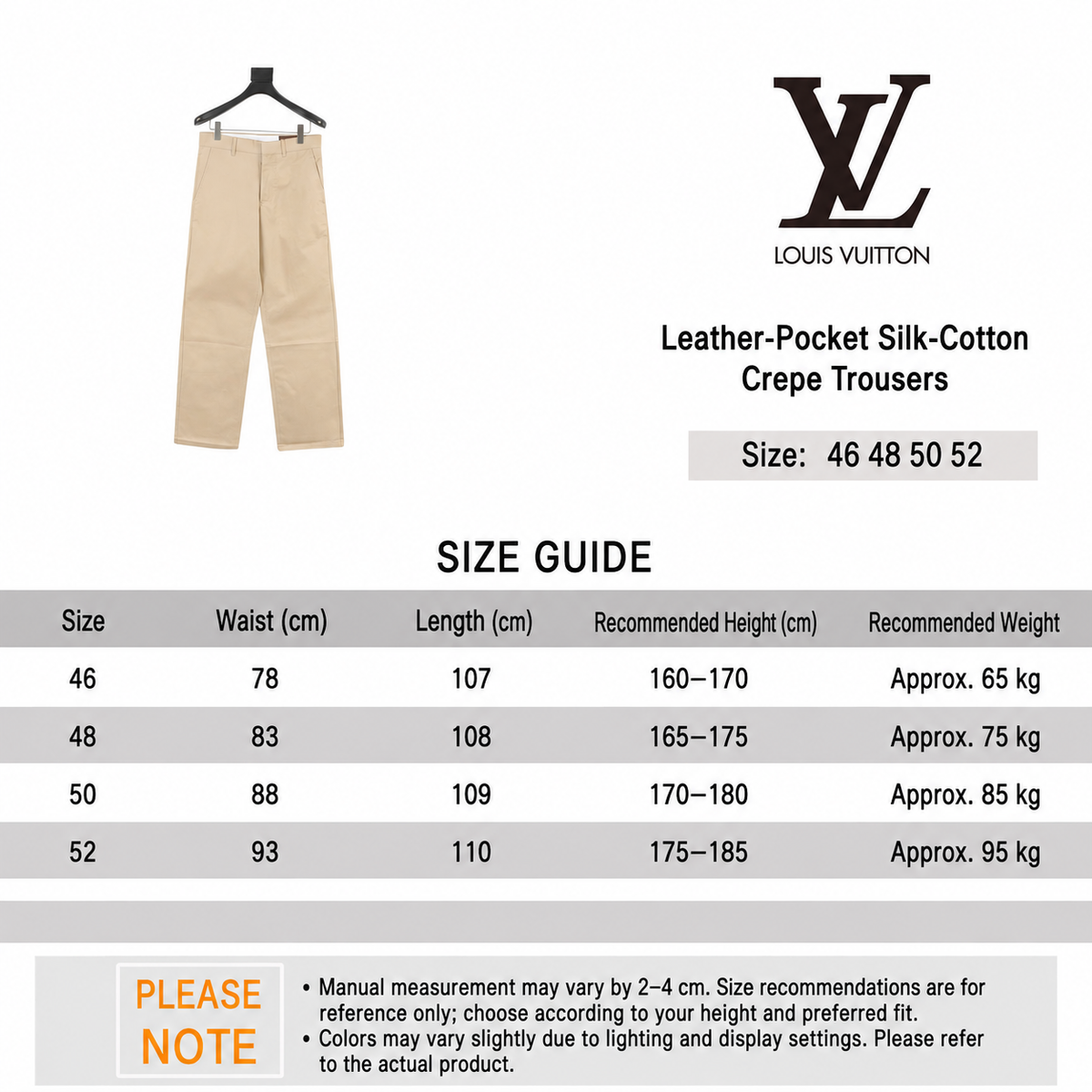 Louis Vuitton Leather-Pocket Silk-Cotton Crepe Trousers - Beige English size guide