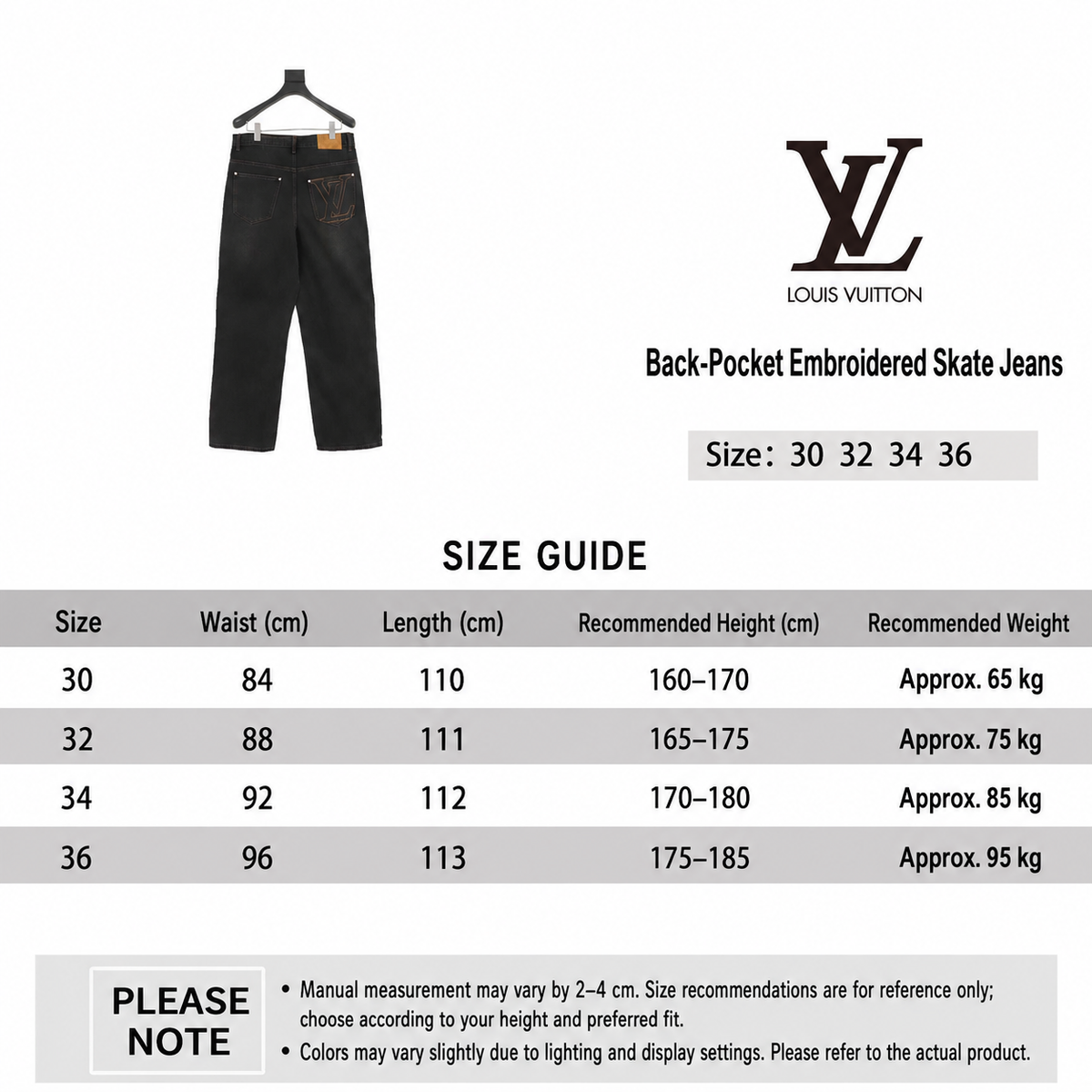 Louis Vuitton Back-Pocket Embroidered Skate Jeans - Black English size guide
