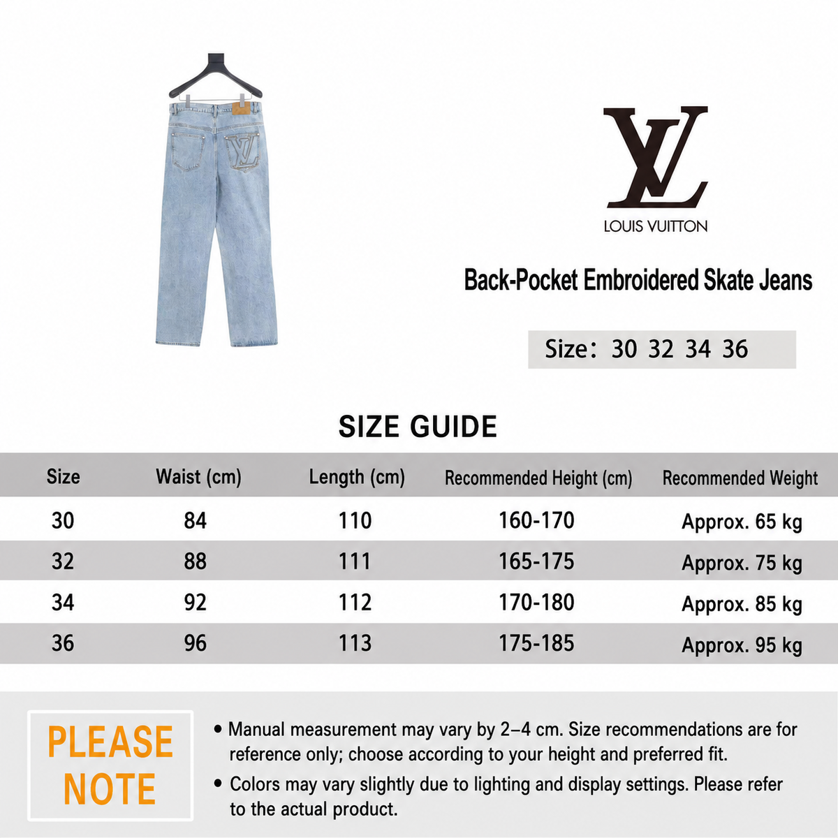 Louis Vuitton Back-Pocket Embroidered Skate Jeans - Light Blue English size guide