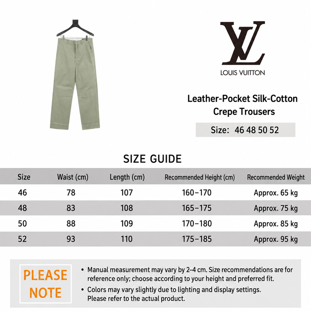 Louis Vuitton Leather-Pocket Silk-Cotton Crepe Trousers - Sage Green English size guide